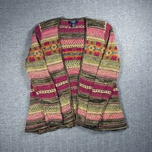 Chaps Fair Isle Cardigan Womens Size M Pink Southwestern Aztec Boho Open Sweater